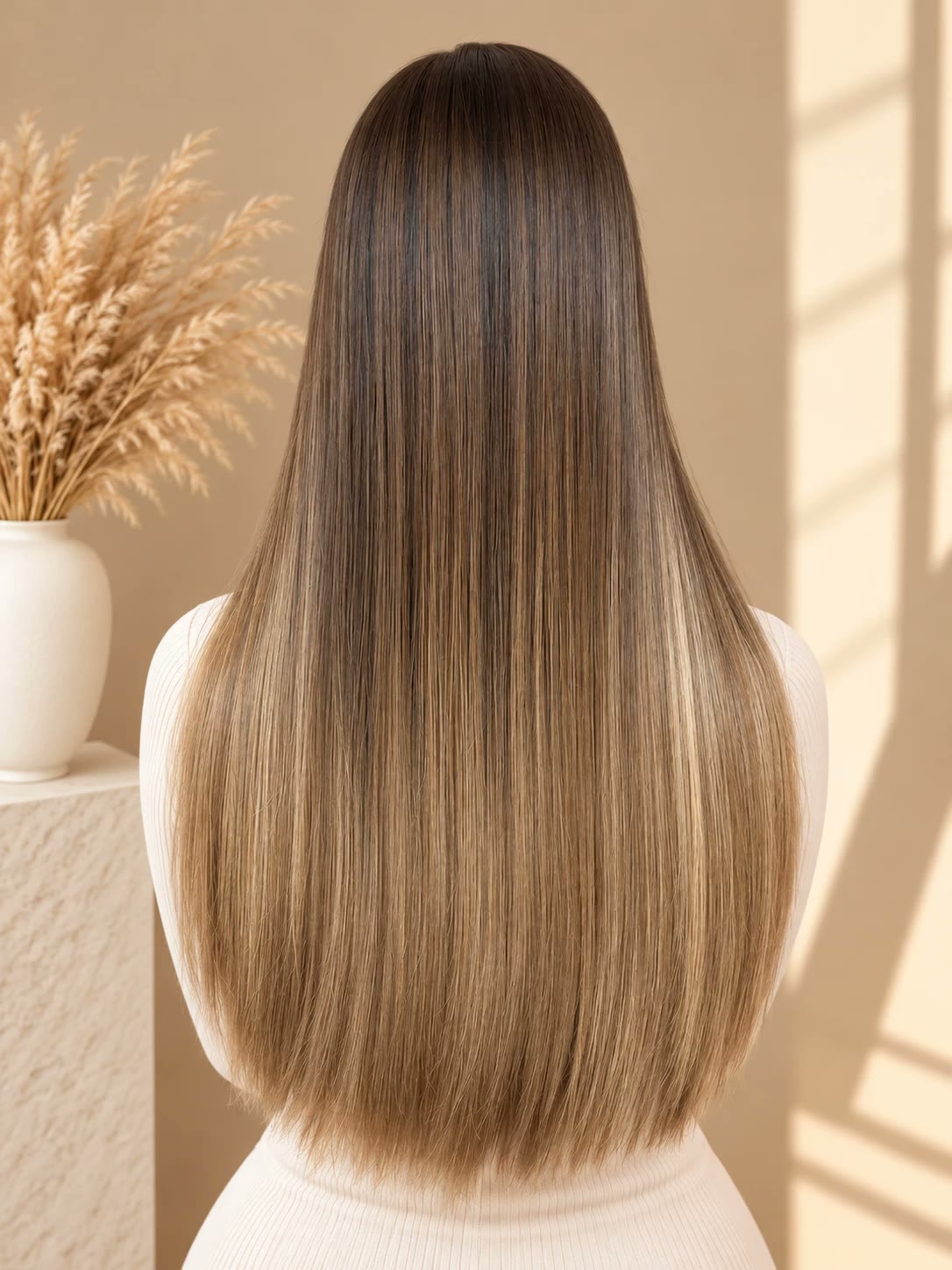 Long, sleek straight hair with a soft brown-to-caramel balayage