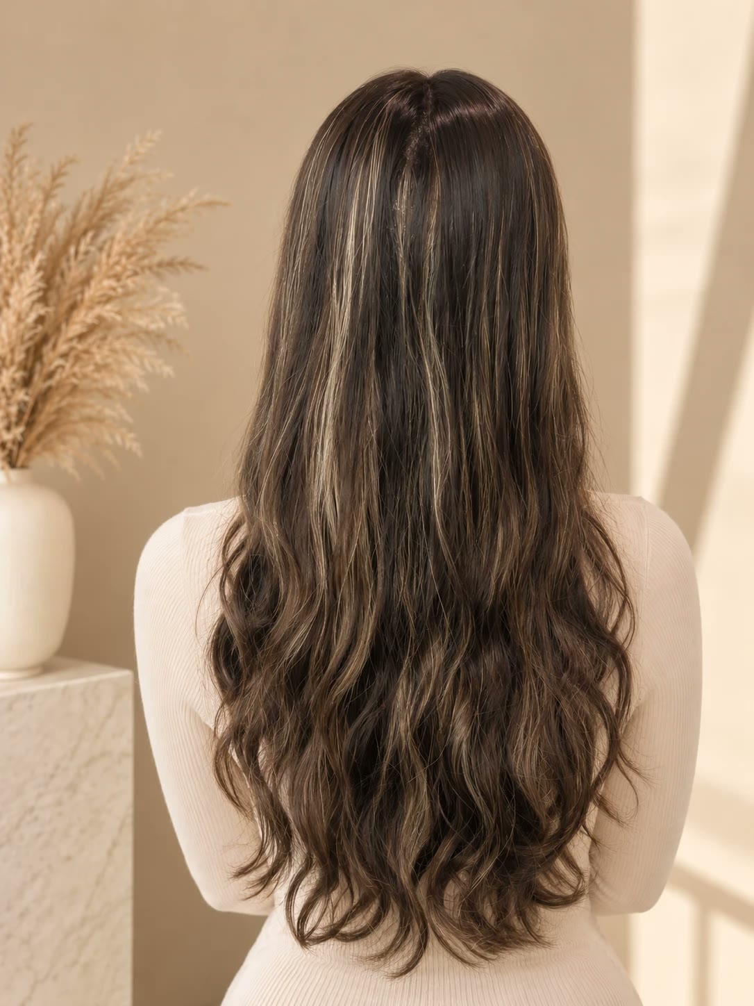 Long dark-brown waves with soft caramel highlights